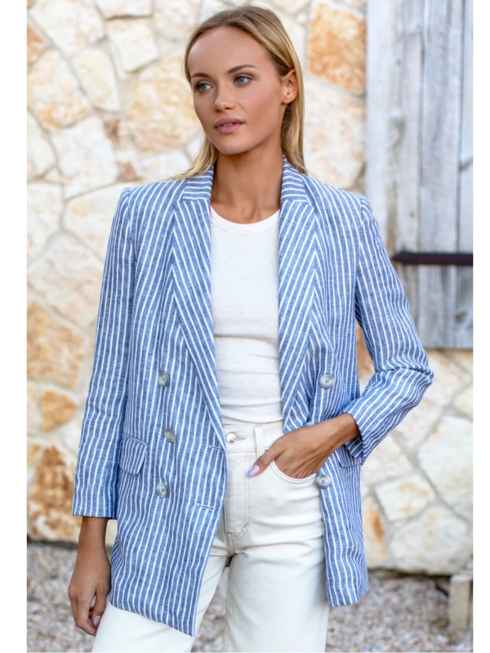 Emerson Fry Blazer Lee Double Breasted Linen in Blue Stripe